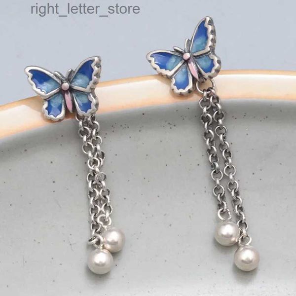 Stud Retro Blauer Schmetterling Quaste Hängende Ohrringe für Frauen 925 Sterling Silber Emaille Lange Ohrring Ohr Piercing YQ231211