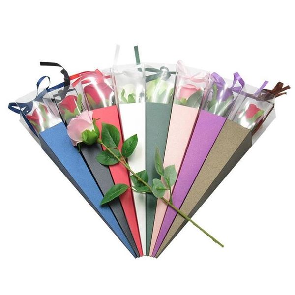 Confezione regalo Fiore singolo Scatola di rose PVC Triangolare Bouquet Carta da imballaggio Sacchetti di plastica Scatole Custodie per fiori Regali Packaging231u