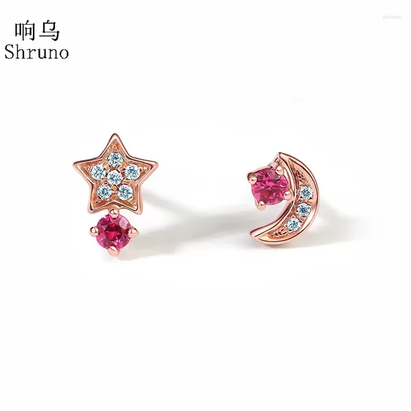 Stud Küpeler Shruno Orijinal Ruby Taş Katı 14K 18K Rose Altın Laboratuar Yetiştirilen Moissanit Elmaslar Yıldızlar Ay