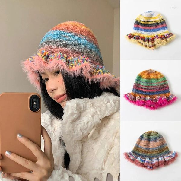 Berets moda colorido gradiente listra chapéu de lã feminino outono e inverno bonito artesanal de pelúcia gorros de malha pescador