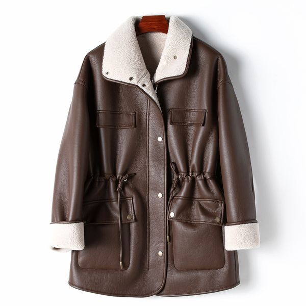 Novo casaco de couro ecológico de dois lados de inverno feminino dentro de partículas de lã jaqueta de couro fina de comprimento médio
