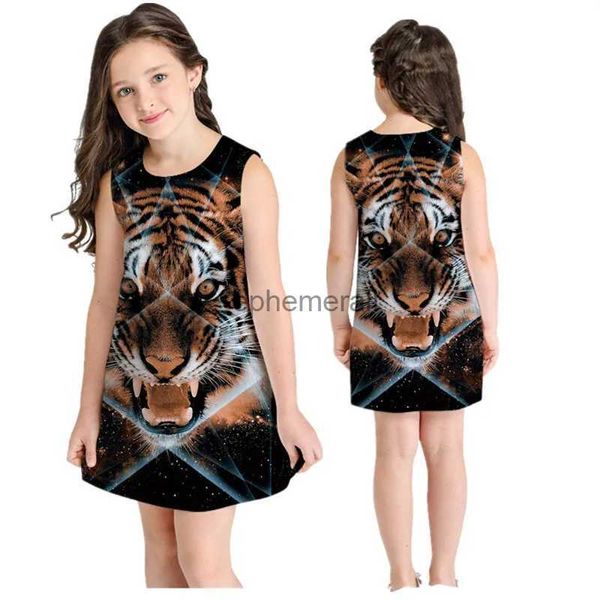 Grundlegende Freizeitkleider Neue Weste Kleid Mädchen Baby 3D-Tiger-Print-Kleid Kinder Mädchen Schönes lässiges ärmelloses Party-Out-Sommerkleid-Kleid YQ231211