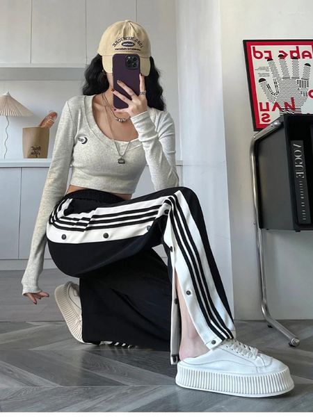 Frauen Hosen Mode Y2k Schwarz Schlitz 2023 Frühling Sommer Hohe Taille Breite Bein Hosen Weibliche Harajuku Baggy Gestreiften Button up Streetwear