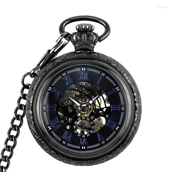 Orologi Da Tasca Orologio Meccanico Nero Con Catena Carica Manuale Fob Senza Batteria Orologio Da Uomo Numeri Romani Blu Incisi