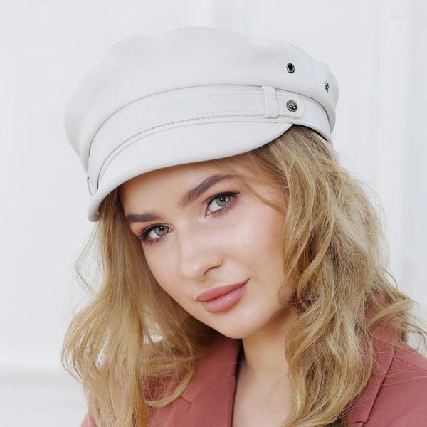 Berets Branco Couro Genuíno Outono e Inverno Belle Boy Hat Mulheres Sheepskin Flat Top