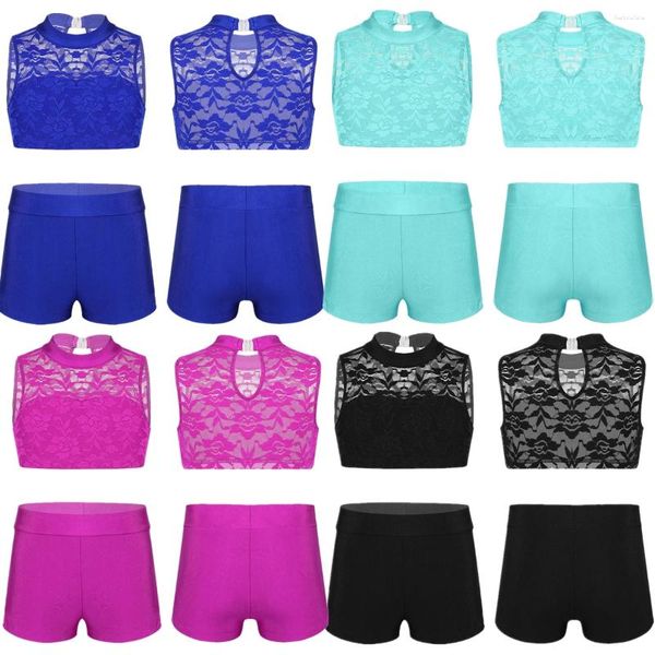 Bühnenkleidung 2 Stück Kinder Outfits Kinder ärmelloses Blumenspitze Tank Top mit Hosen Shorts Workout Fitness Anzug Mädchen Ballett Tanzbekleidung