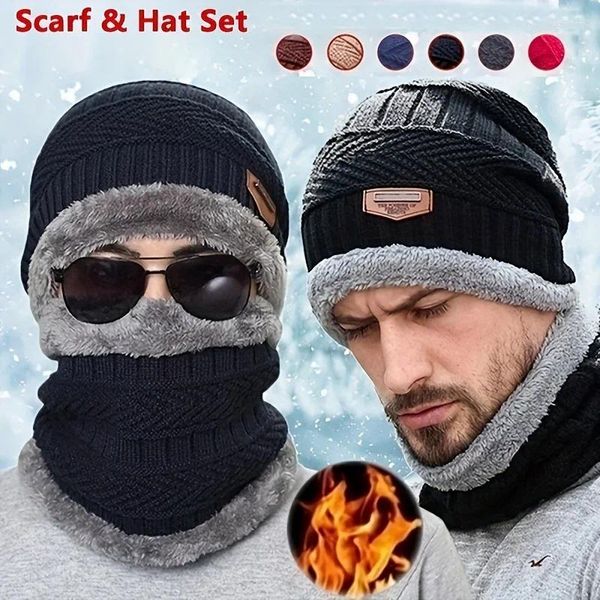 Berets 2pcs inverno quente veludo grosso malha gorros cachecóis aquecedores de pescoço homens e mulheres casais ciclismo chapéus luvas