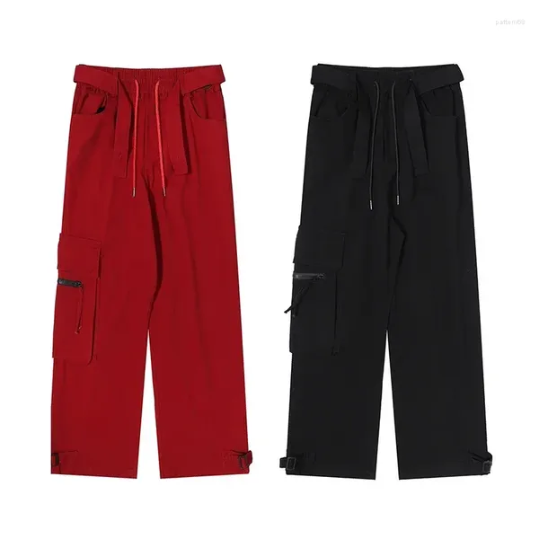 Calças masculinas 2023 americano retro hip hop vermelho macacão feminino outono high street design sentido perna reta ampla tendência casual