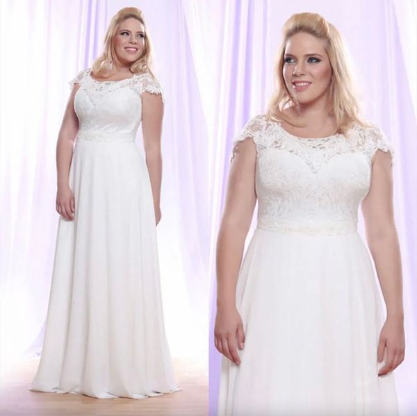 Günstige Spitze Brautkleider in Übergröße, Juwel-Ausschnitt, A-Linie, weißes böhmisches Hochzeitskleid, bodenlang, Chiffon, Strandrobe De Mariee