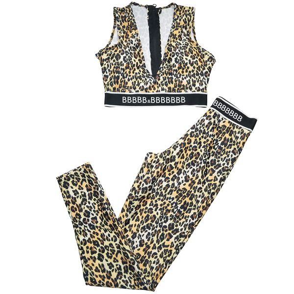 Leopard Print Sport Pants Top Pants Summer Women Women Sportswear Sexy Deep V Yoga Vest Letter Febbing Slim Tight Leggings Designer Roupging Roup