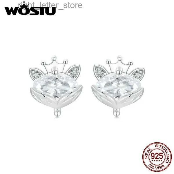 Stud WOSTU 925 Sterling Silver Mini Shiny CZ Corona Stile Orecchini a bottone per le donne Cute Fox Animal Ear Studs Ragazza Compleanno Gioielli Regalo YQ231211