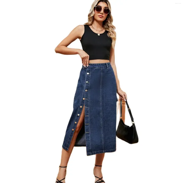 Saias 2023 outono feminino cintura elástica denim workwear saia moda solta botão longo jeans casual roupas femininas S-2XL