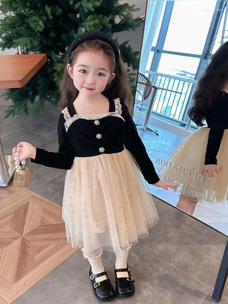 Vestidos de menina para meninas outono em 2023 estilo coreano princesa lindo traje preto vestido de lantejoulas roupas de 2 a 8 anos de idade