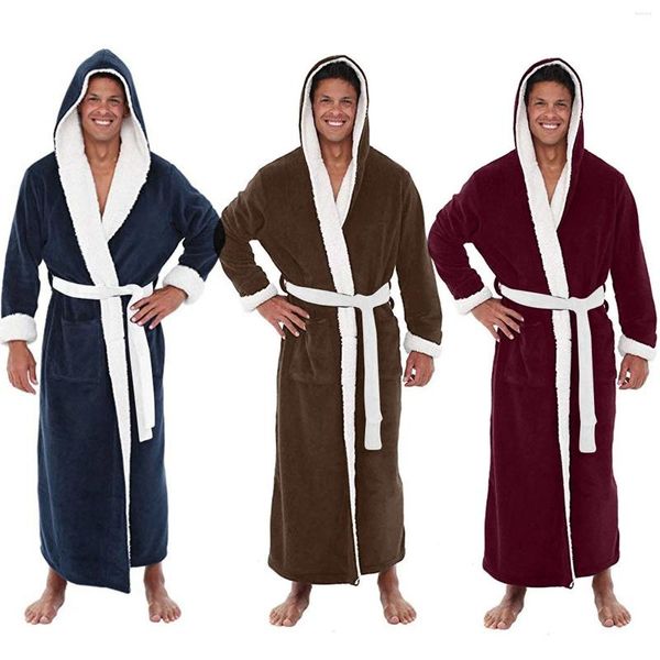 Herren-Nachtwäsche, Plüsch-Bademantel, für den Winter, warm, verlängert, langärmelig, mit Kapuze, Kleidung, Kleid, einfarbig, Lounge-Mantel