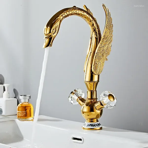 Смесители для раковины в ванной, золотой смеситель для раковины, вся медь, имитация лебедя, художественный дизайн, аксессуары с двойной ручкой