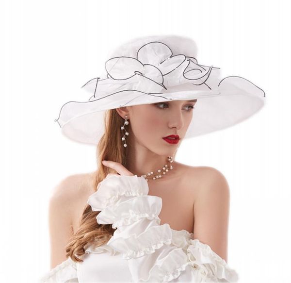 Moda feminina vestido de casamento organza chapéus igreja flor chapéu elegante kentucky derby chapéus meninas mulheres dobrável aba larga praia sol 7862723