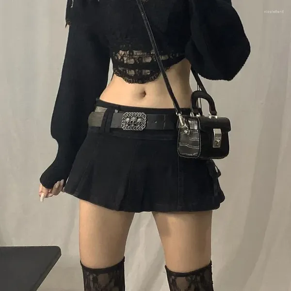 Röcke Goth Pastell Micro Low Rise Schwarz Tasche Patchwork A-Linie Rock Ästhetisches Outfit Vintage Harajuku Streetwear Style Y2k