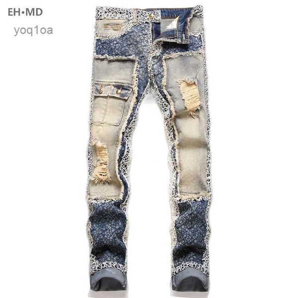 Мужские джинсы Леопардовые рваные джинсы Мужские джинсы с вышивкой из змеиной кожи Высокоэластичная 3D внутренняя вышивка Молния Отбеленные брюки Slim Fit Карман 2L231210
