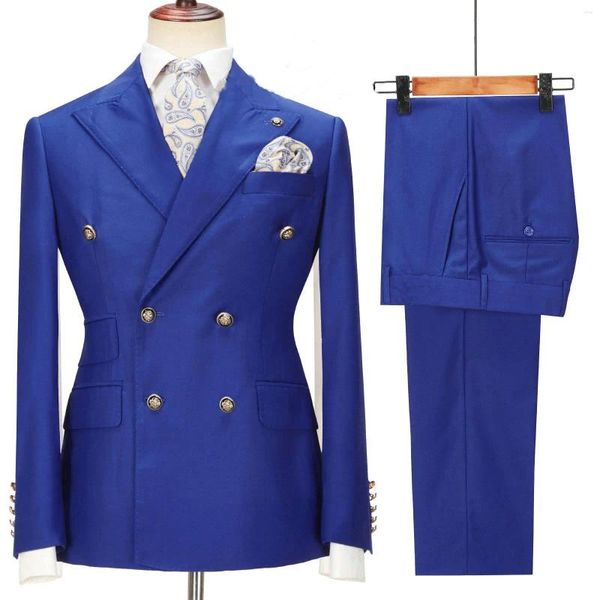 Ternos masculinos azul duplo breasted terno de negócios 2 peças conjunto homem casamento vestido de noite jaqueta calças
