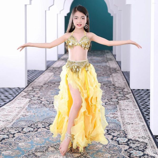 Palco desgaste crianças oriental dança desempenho crianças barriga dança roupas meninas roupa sutiã cinto saia frisado traje conjunto