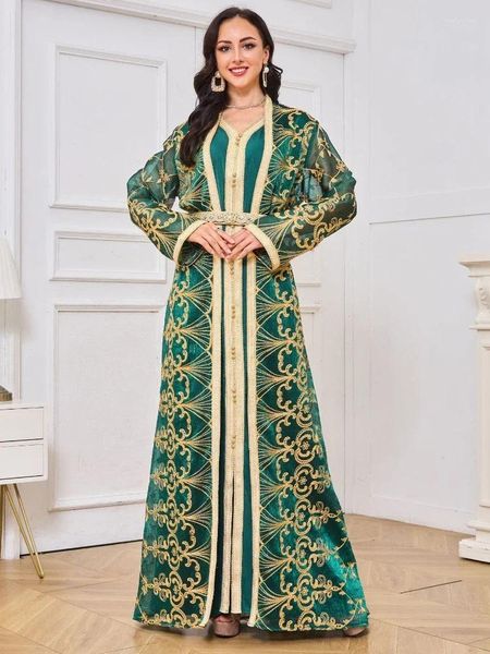 Ethnische Kleidung Marokko Muslimisches Partykleid für Frauen Kimono Abaya 2-teiliges Set Luxus Dubai Islamische Kleider Grüne Stickerei Kaftan Robe