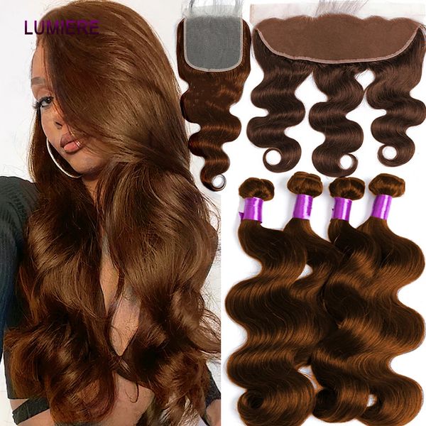 Perucas sintéticas 32inch # 4 Chocolate Auburn Brown Onda Corporal Cabelo Humano Weave Bundle com Fecho Frontal 5x5 HD Ombre Colorido Pacote com Fecho 231211