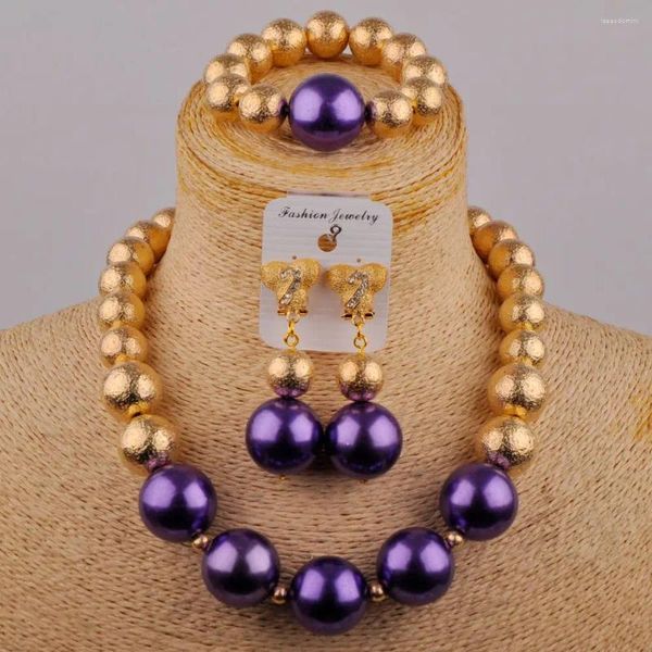 Colar brincos conjunto moda nigeria jóias de casamento roxo vidro pérola africano banquete vestido de noiva decoração sh-86