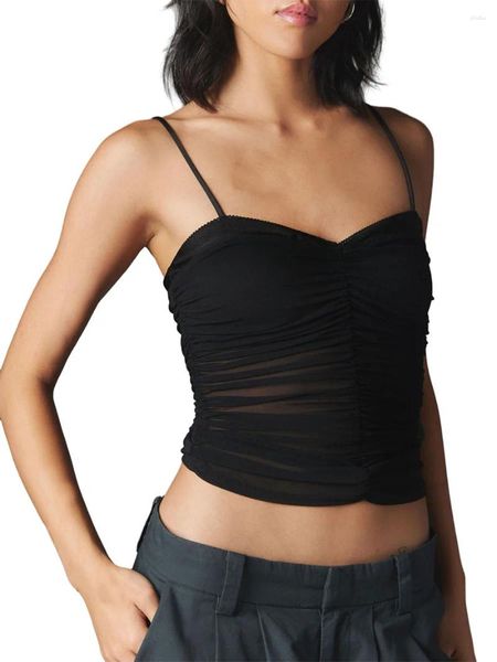 Canotte da donna Y2k Top per uscire Top da donna Sexy in pizzo senza maniche Backless Collo basso Canotta Mesh Sheer Cami Spaghetti Strap Crop Tank