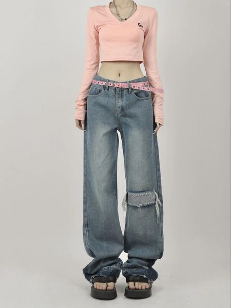 Damen-Jeans, zerrissen, weites Bein, Bootcut, High Street, Splicing-Design, Hose, Y2k-Hose, Baggy Flare