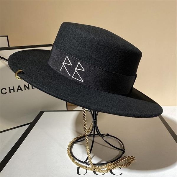 Berretto nero femminile cappello di lana britannico cappello a cilindro piatto da festa di moda cinturino a catena e pin Fedora per donna per uno scatto in stile street 2202897