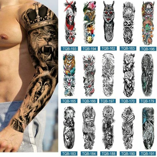 Временные татуировки на всю руку для мужчин и женщин, реалистичные поддельные татуировки, воин, лев, тигр, цветок, тату-наклейка, черный тотем YZL9 231208