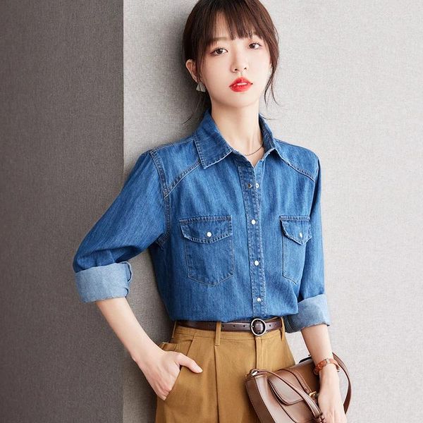 Blusas femininas manga longa lapela azul denim camisa feminina topos primavera outono elegante estilo francês casual solto cowboy blusa senhora do escritório