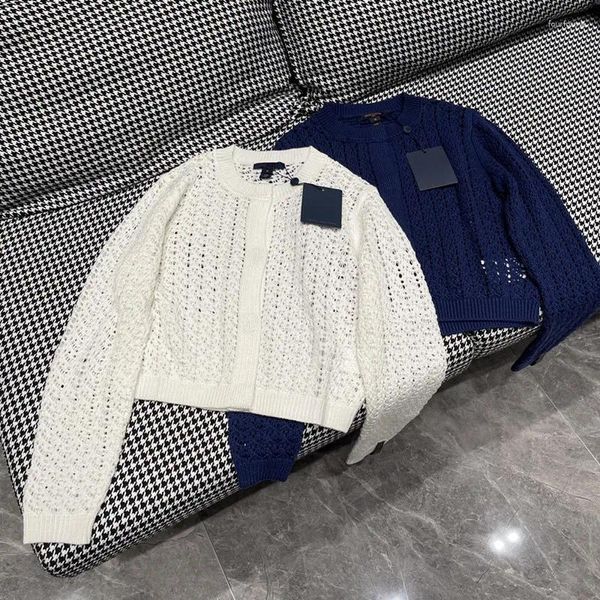 Женский трикотаж 2023, вязаный кардиган, женский высококачественный ажурный тканевый свитер с длинными рукавами, белый, темно-синий, свободные свитера, топ
