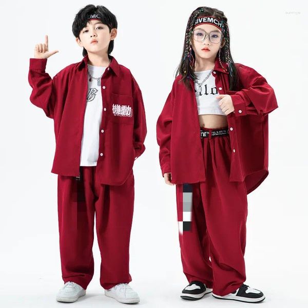 Set di abbigliamento Bambini Hip Hop Camicia rossa oversize Giacca Top Pantaloni larghi a gamba larga casual Per ragazza Ragazzo Costume da ballo Completo Abbigliamento Abiti