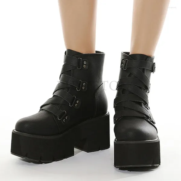 Женские ботинки, удобные весенне-осенние женские туфли на платформе с резиновой подошвой и пряжкой, черные кожаные туфли на высоком каблуке