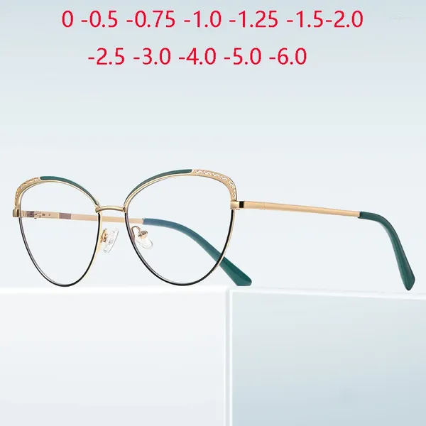 Sonnenbrille mit Federbein, Cat-Eye-Rezeptbrille für Kurzsichtige, grüner Goldrahmen, Anti-Blau-Strahlen, Kurzsichtbrille, -0,5 -0,75 bis -6