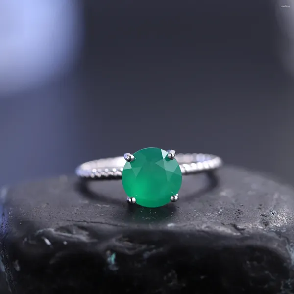 Küme Yüzük Gem'in Balesi 925 Sterling Silve Onyx Hediye Basit Yüzük 8mm Doğal Yeşil Acate Gemstone El Yapımı Sözü