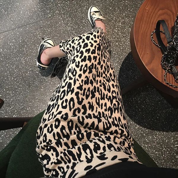 Saias início da primavera longa fenda de malha leopardo saia feminina cintura alta saia de malha 231211