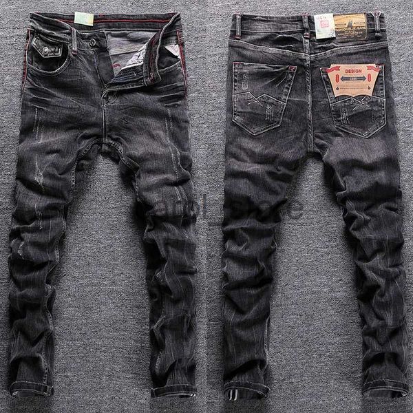 Calças masculinas streetwear moda masculina jeans retro preto cinza elástico magro rasgado jeans calças masculinas vintage casual estiramento denim calças hombre j231208