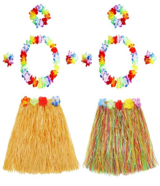 2 Set Hawaii Hula Grass Gonna da ballo Braccialetti con fiori tropicali Collana con fascia Set per Hawaii Party2674350