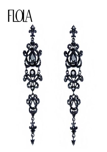 Flola marca vintage preto brincos com pedras strass longo lustre brincos gótico moda jóias para mulher ersh344319451