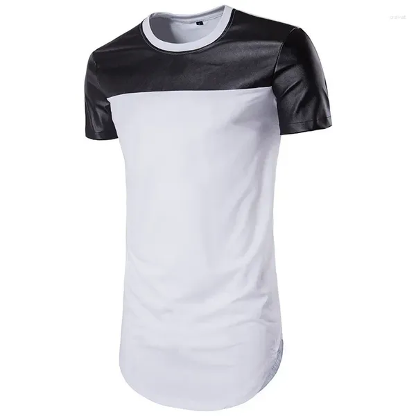 Camiseta masculina moda meninos casual preto e branco camiseta de couro manga curta camiseta masculina oversize retalhos t masculino