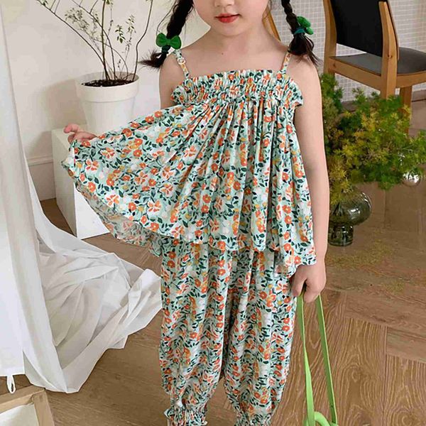 Passende Familien-Outfits für Kinder, Mädchen, florales Kleidungsset, cooles Spaghetti-Träger-Top und Hose, Vintage-Sommerkleidung, Outfits, weicher Loungewear-Kinderanzug, L231211