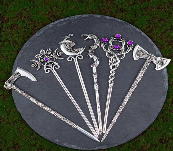 Haarspangen Haarspangen Ethic Dragon Hairsticks Silber Axt Schwert Haarschmuck Hexe Triple Moon Pentagram Haarnadel Haarstab J2302218571742