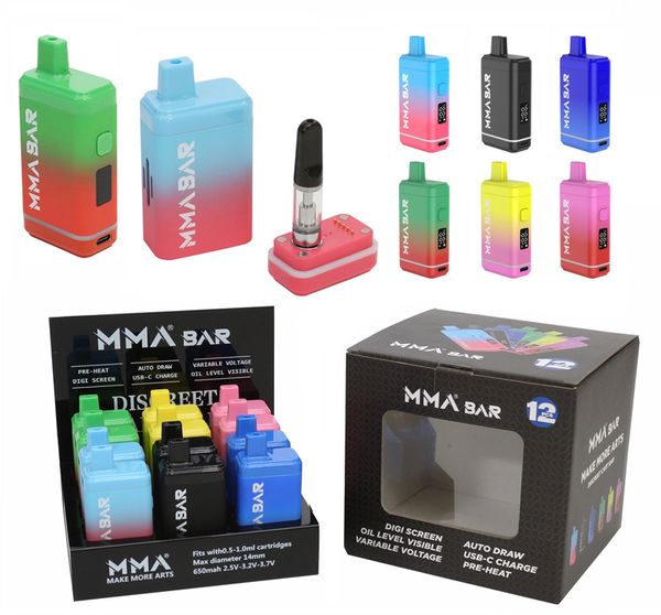 MMA BAR E Cigarette Box Mod Bateria Recarregável Com Tela Tensão Variável Pré-aqueça VV 510 Thread Vape Óleo Grosso 0.5/0.8/1.0ml Cartuchos