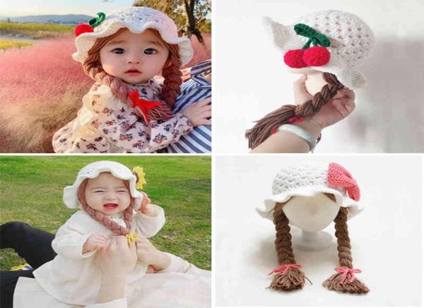 Feito à mão de malha bebê menina peruca infantil brades criança crochê chapéu bonés com tranças bebe pogal adereços headwear 16 yrs3249306