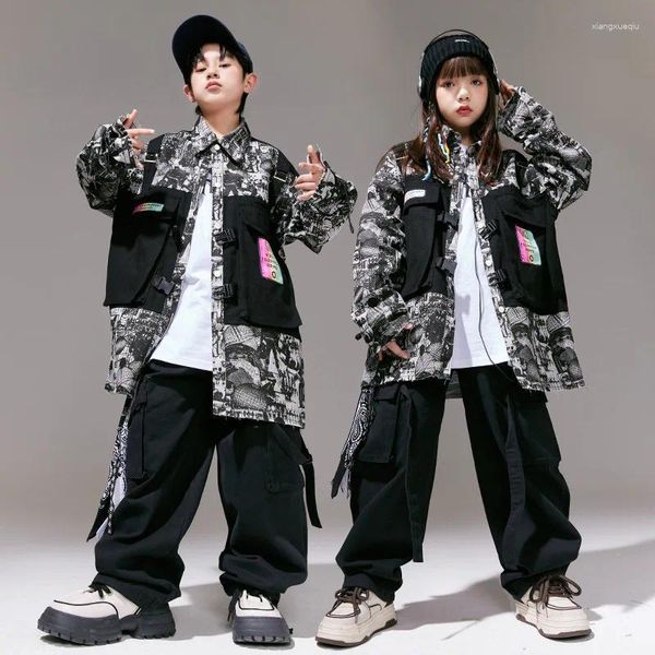 Set di abbigliamento Bambini Kpop Hip Hop Stampa Gilet finto Camicia Giacca Nera Pantaloni cargo con cinturino casual per ragazza Ragazzo Costumi di danza jazz Vestiti