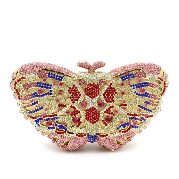 Bellissima farfalla Rosa rosa Crystal Crystal Women Clutch Grovice Gold Metal Gemstone Desigerdinner Clutchs Borse2102