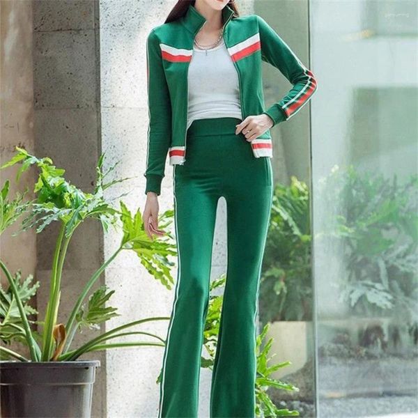 Calças femininas de duas peças coreano retalhos magro treino primavera casual zíper outfits gola curta jaquetas perna larga cintura alta 2