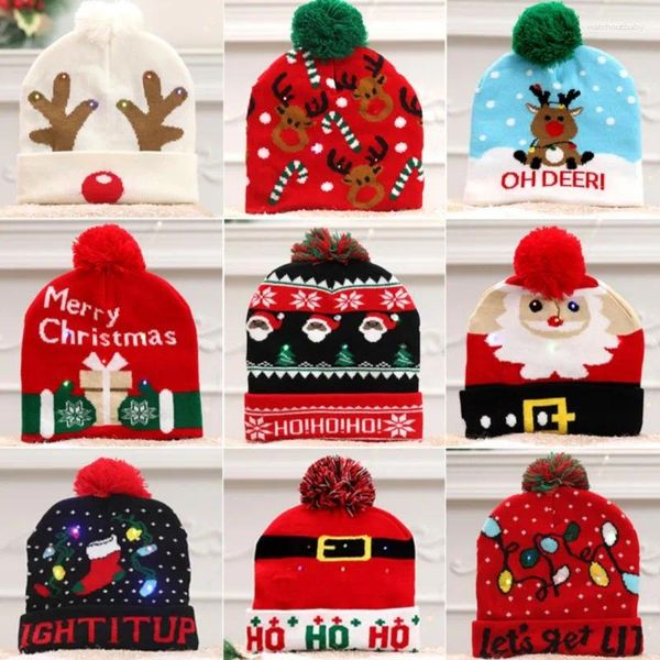 Береты, рождественские шапки, свитер, вязаная шапка с изображением Санта-Лося и светодиодной подсветкой, мультяшный узор, подарок для детей, годовые принадлежности